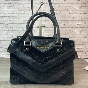 Michael Kors Selma Chevron Satchel Black Leather Tote Top Handle Handbag Bag